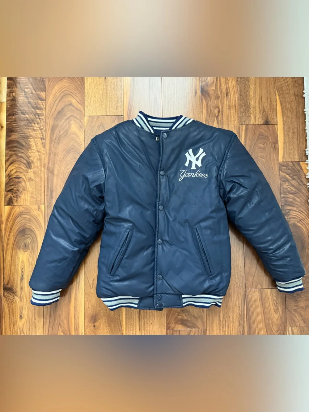New York Yankees Mighty Mac Letterman Jacket Coat Youth Size M 12/14 Reversible